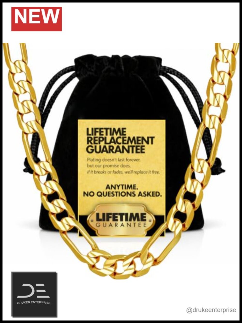 24k Real Gold Plated Solid Brass Figaro Chain Necklace for Women Men - Giftable